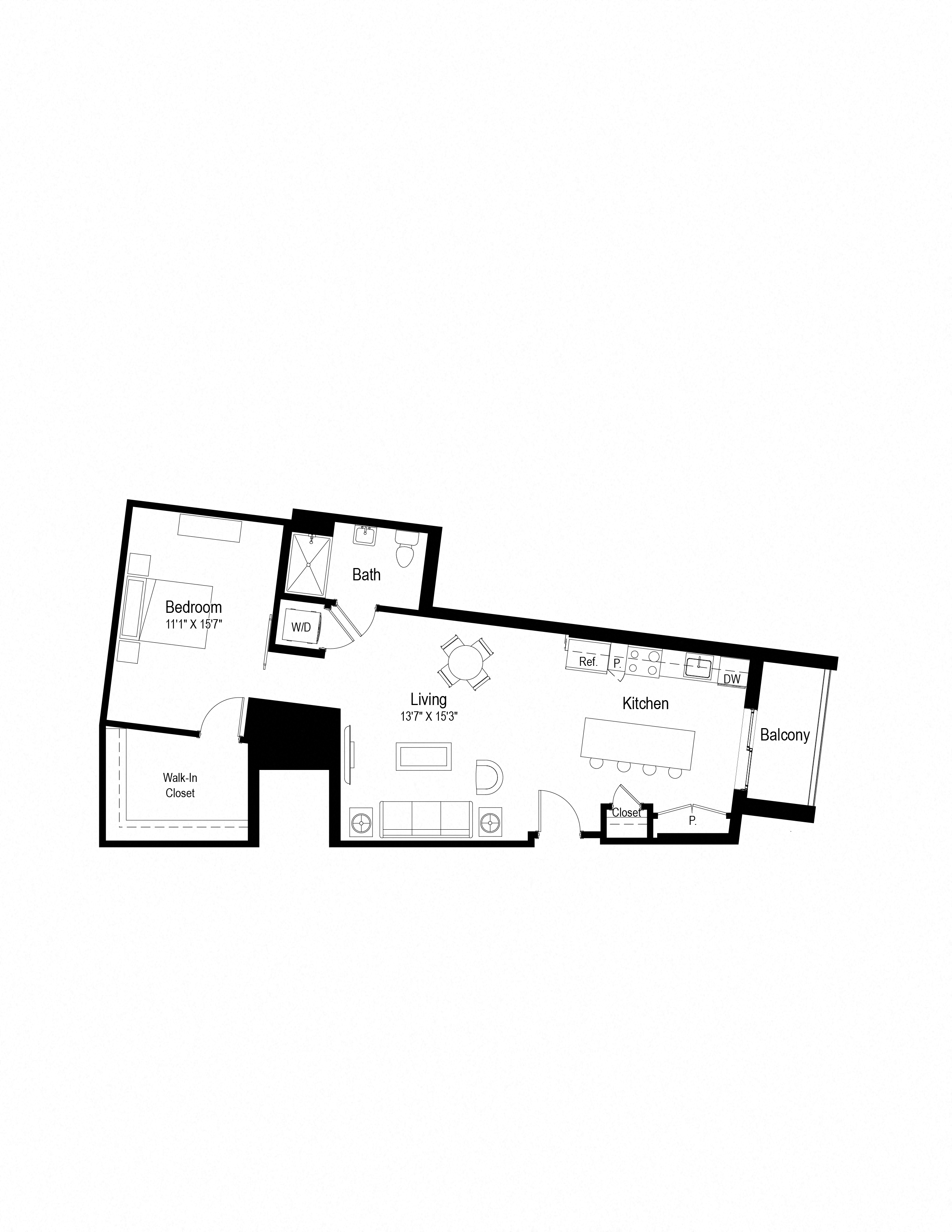 Floor plan for 1 bed, 1 bath, 895 sqft